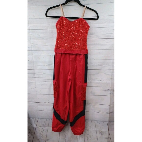 Weissman Crash Course Hip Hop Jumpsuit Sequin Cargo Dance Costume Red Child L LC - Picture 1 of 6